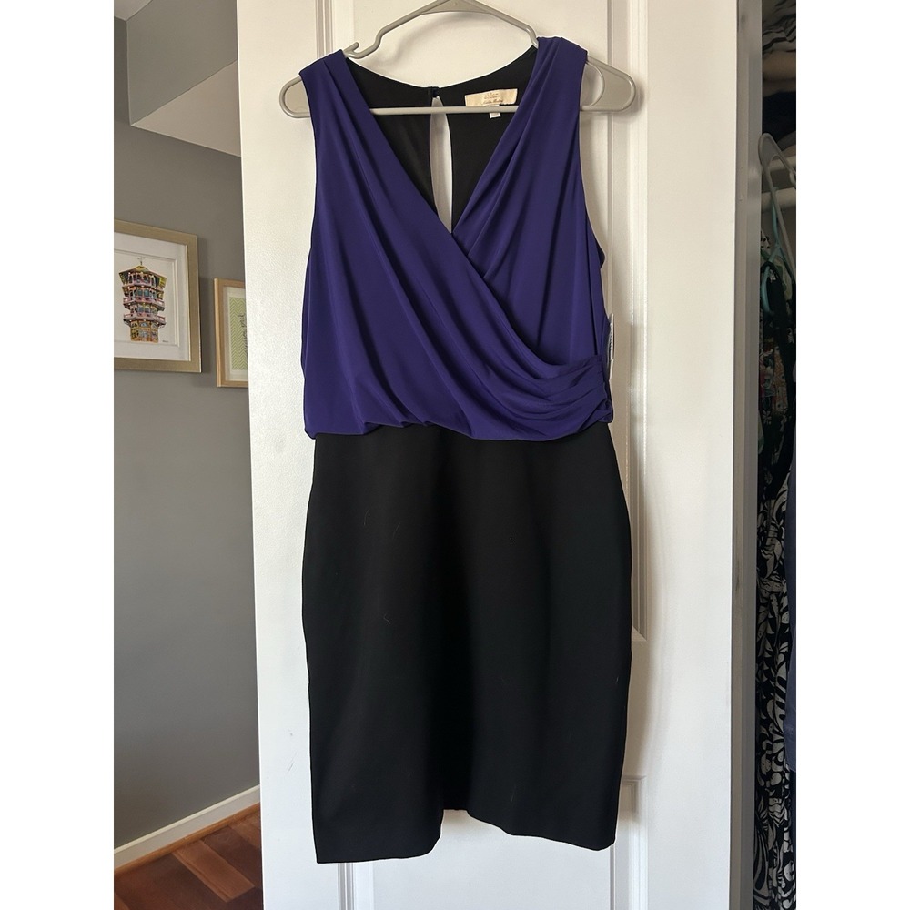 NWT Aidan Mattox Womens V Neck Faux Wrap Black Purple Sheath Dress Size 10